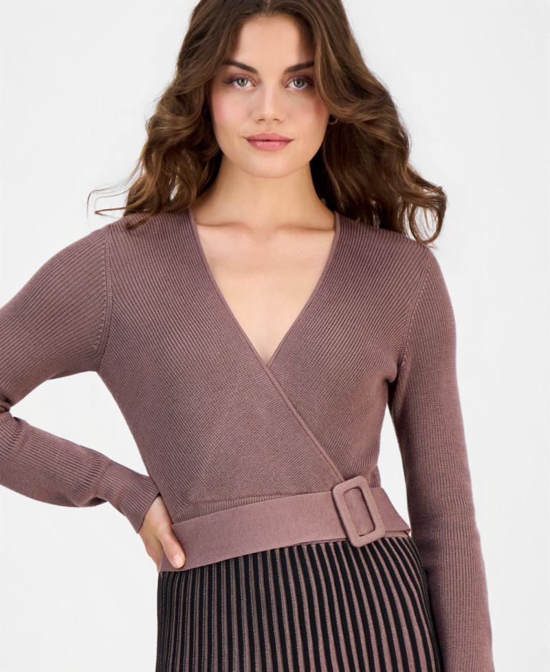 Petite Two-Tone Belted Sweater Dress