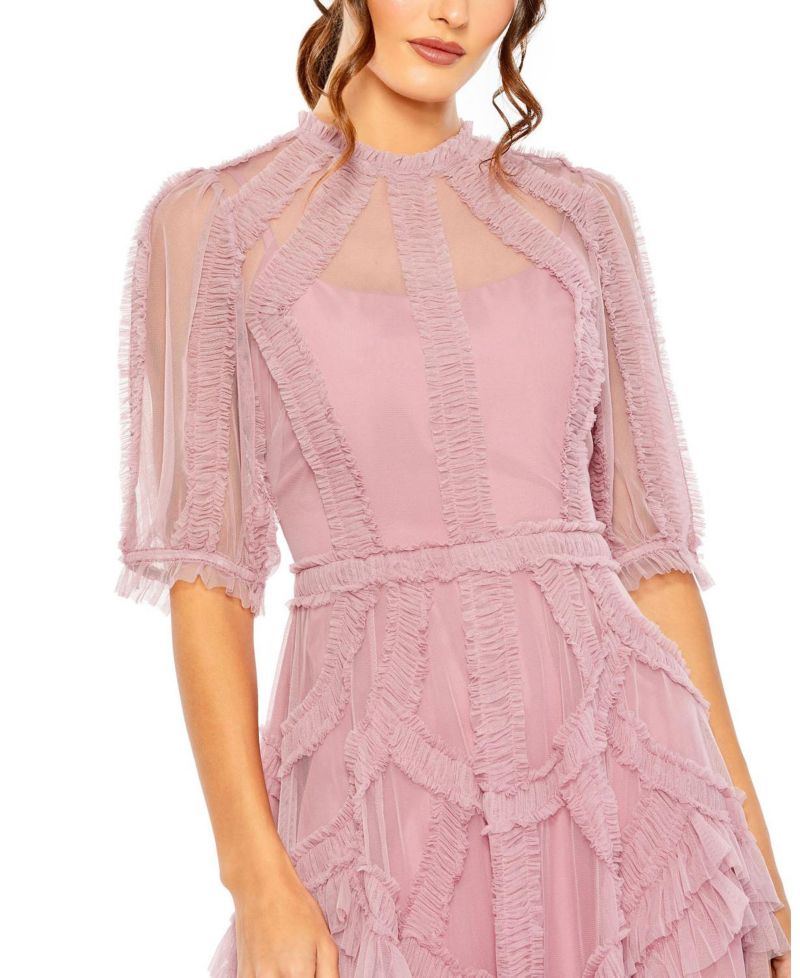 Women's High Neck Puff Sleeve Ruffle Tiered Dress