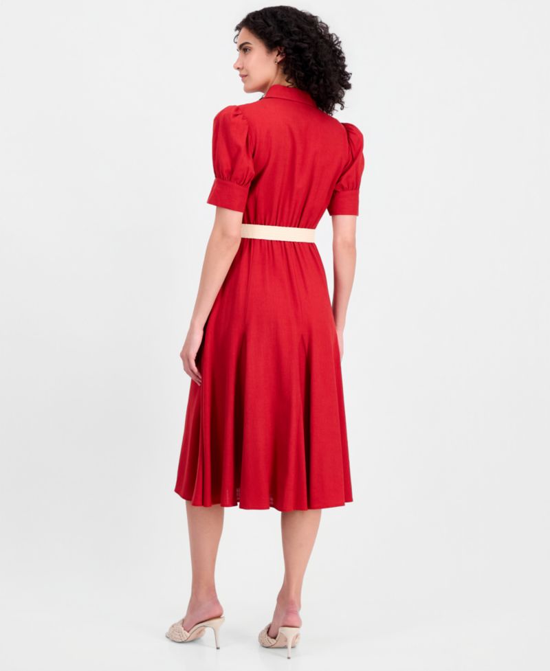 Women's Short-Sleeve Belted Linen Blend Dress