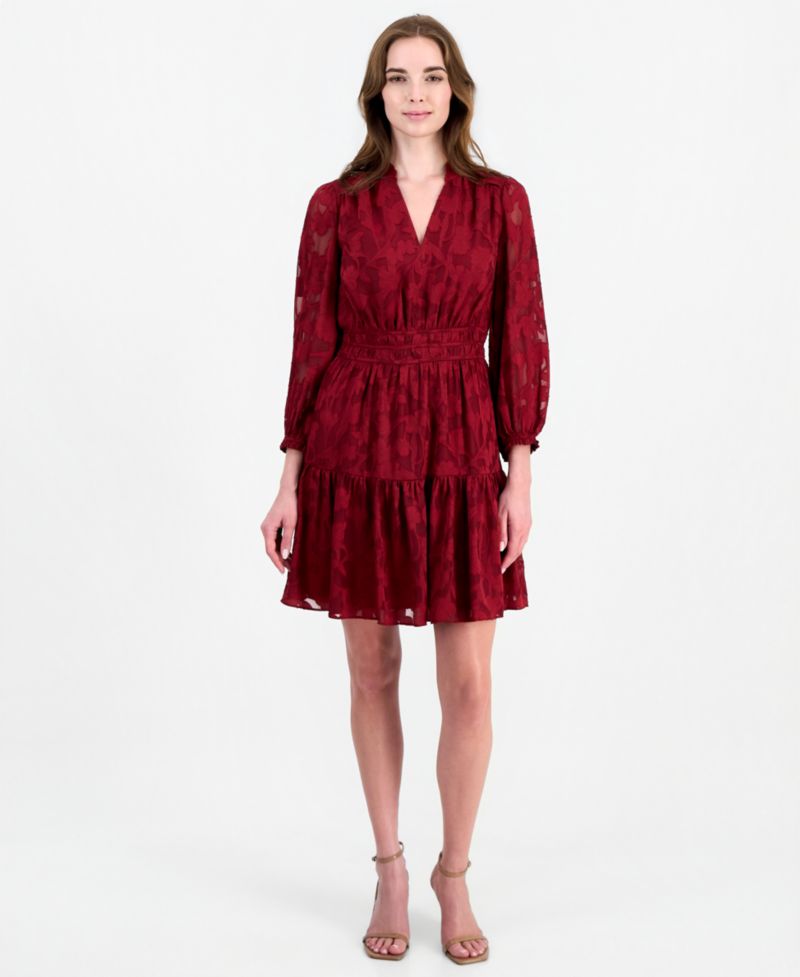 Women's V-Neck Long-Sleeve Tiered Ruffle Dress