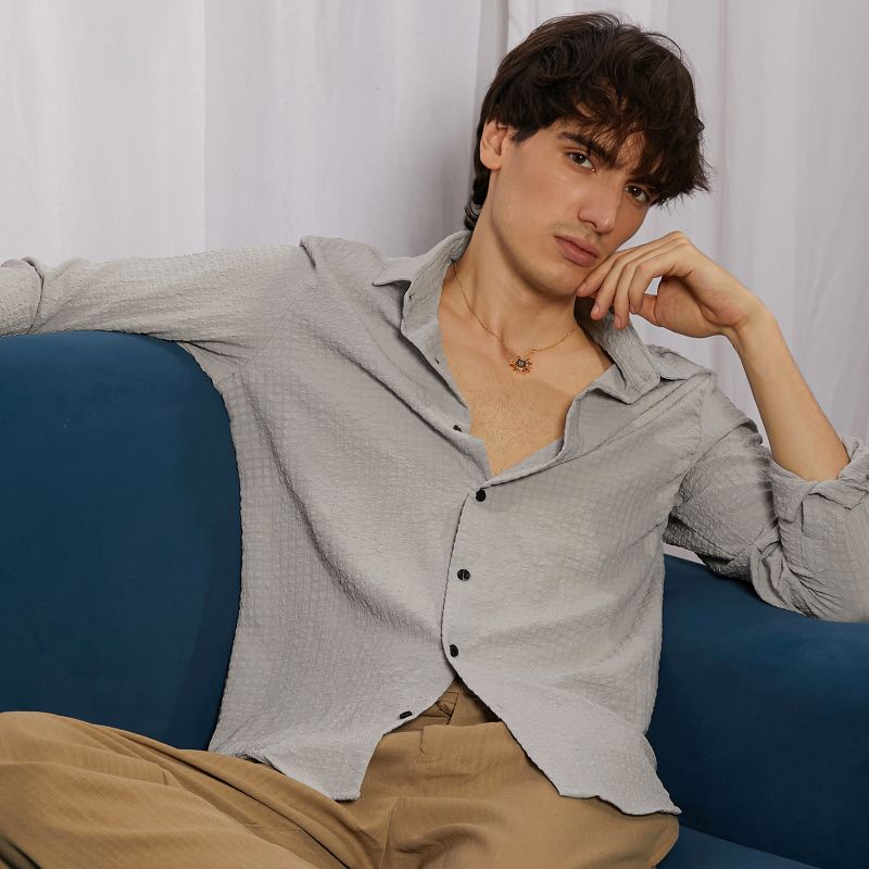 Men's Ash Grey Cubic-Seersucker Shirt