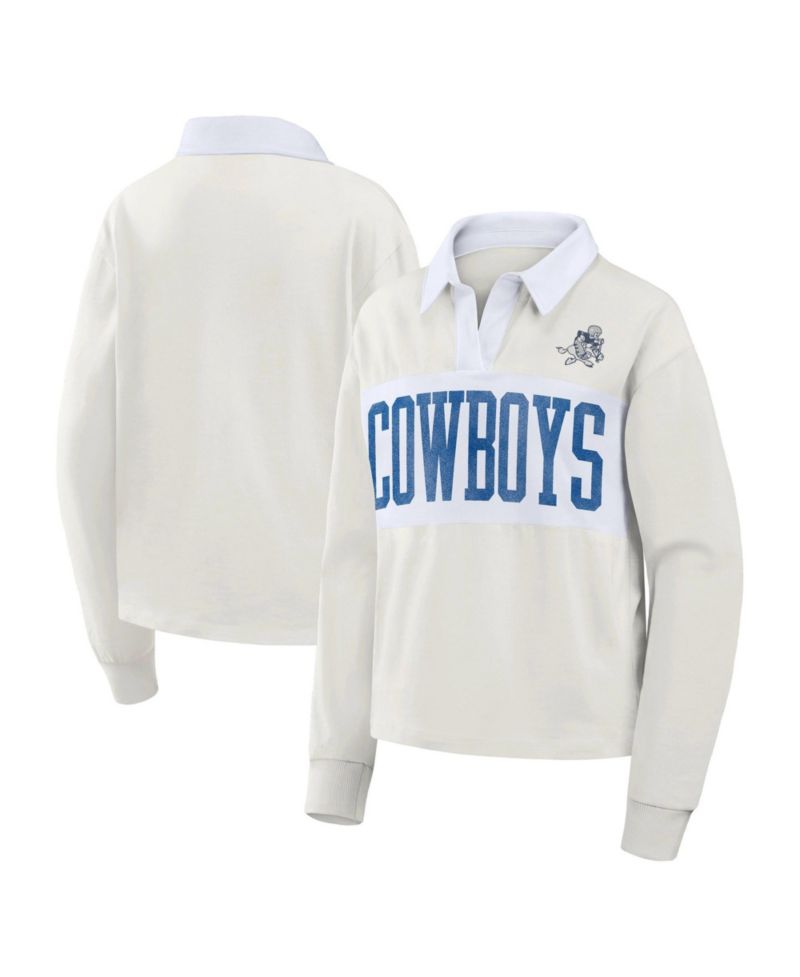 Women's Cream Dallas Cowboys Heritage Play Action Rugby Long Sleeve Polo Shirt