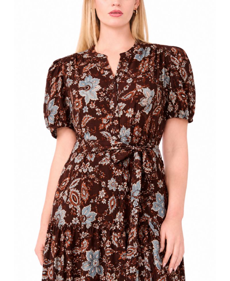 Plus Size Puff-Sleeve Belted Midi Dress