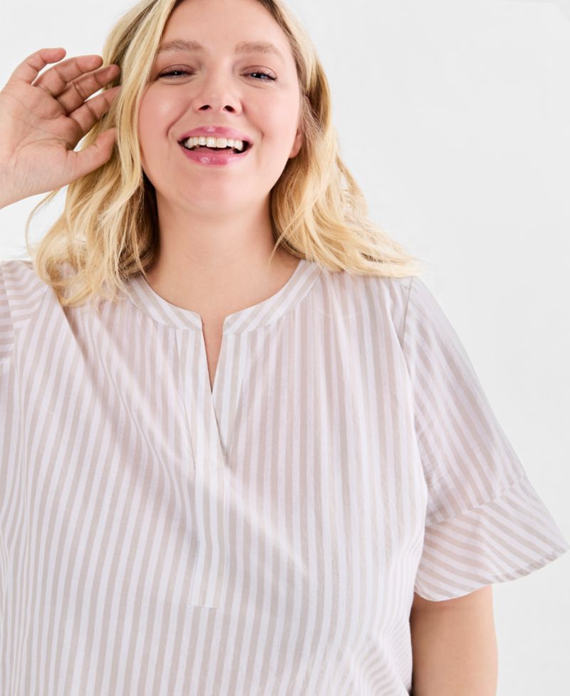Plus Size Striped Cotton Split-Neck Popover Top