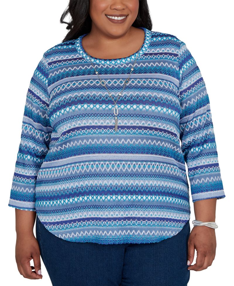 Plus Size Classic Textured Stripe Knit Top with Necklace