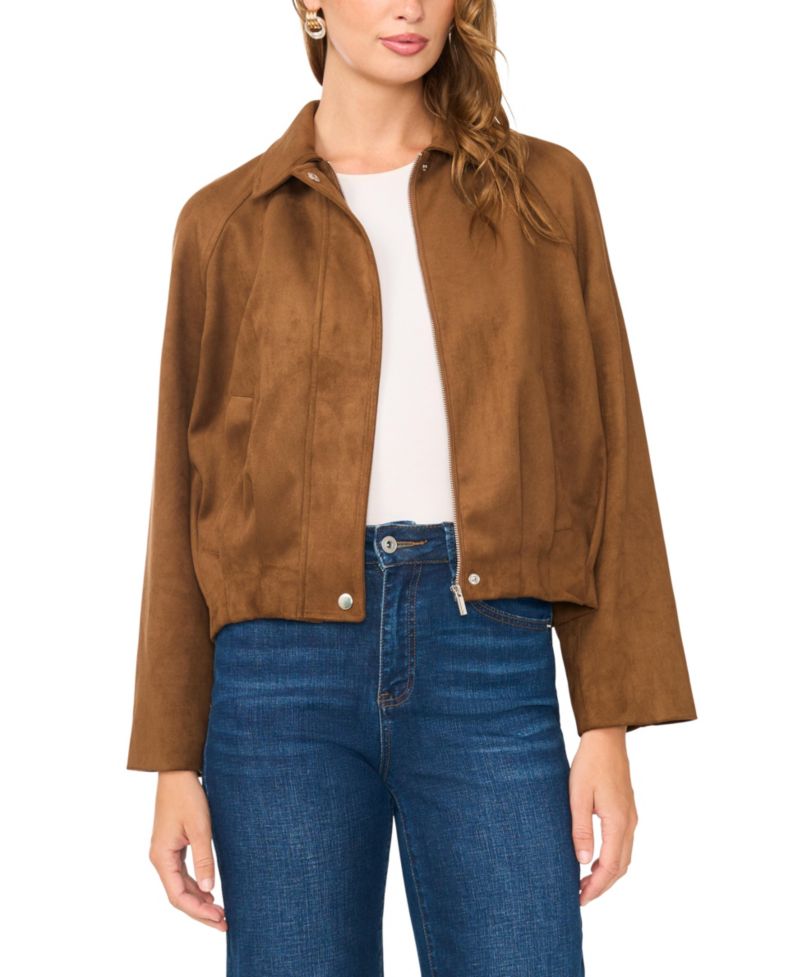 Women's Raglan-Sleeve Faux-Suede Bomber Jacket