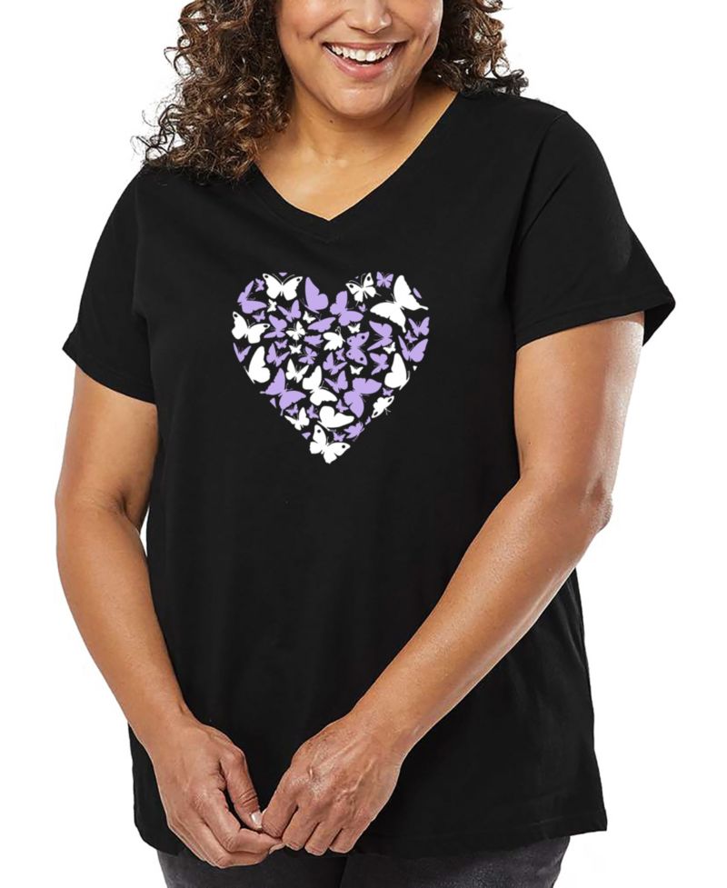 Plus Size Butterfly Heart Word Art V-Neck T-Shirt