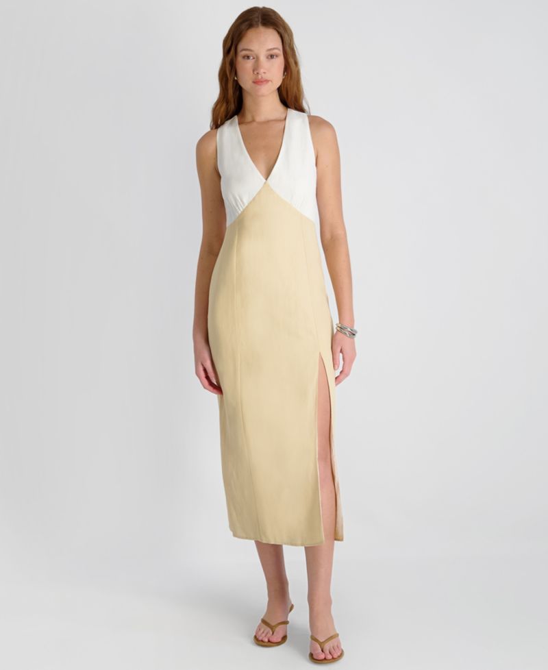 Women's Cooper Linen Contrast V-Neck Midi Dress