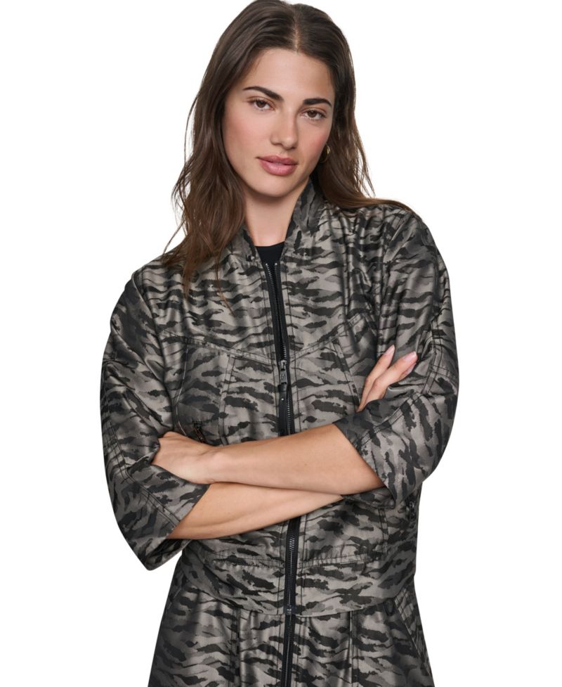 Women's Animal-Print 3/4-Sleeve Bomber Jacket