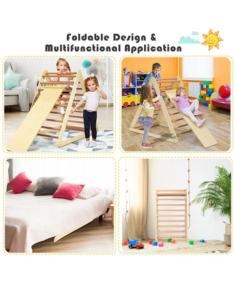 Foldable Wooden Triangle Climber with Reversible Ramp for Kids
