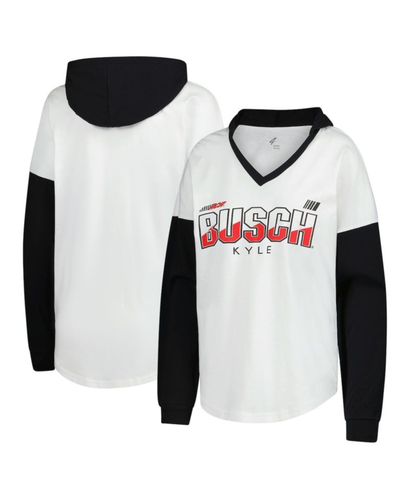 Women's White/Black Kyle Busch Bench Player Oversized Long Sleeve Hoodie V-Neck T-Shirt