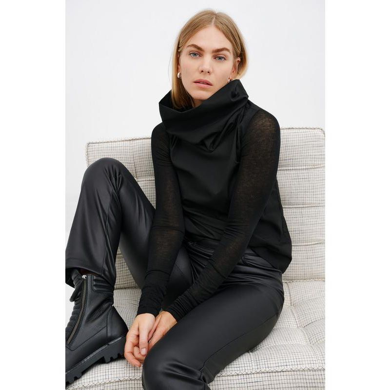 Women's Atlantic High-Collar Cotton Top with Sheer Long Sleeves