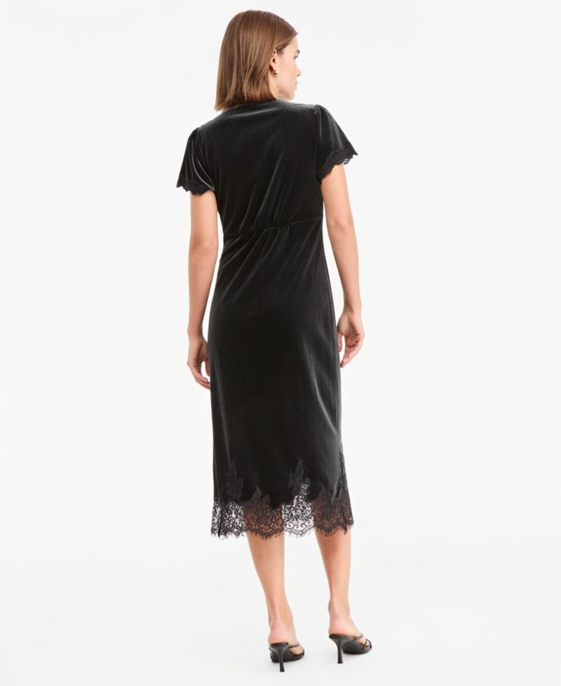 Petite Velvet Lace-Trim Slip Midi Dress