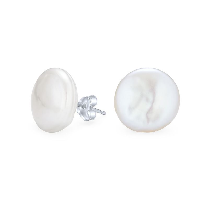 White Biwa Baroque Irregular Round Coin Pearl Stud Earrings Sterling Silver