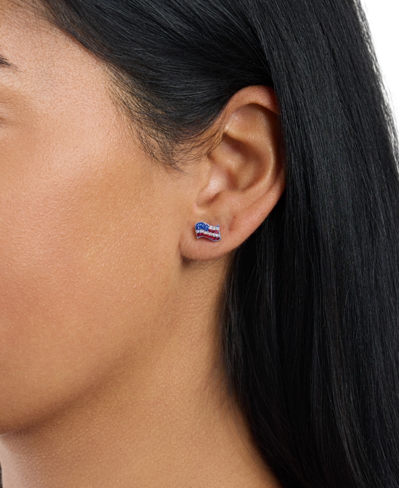 Sterling Silver Crystal Pave American Flag Stud Earrings