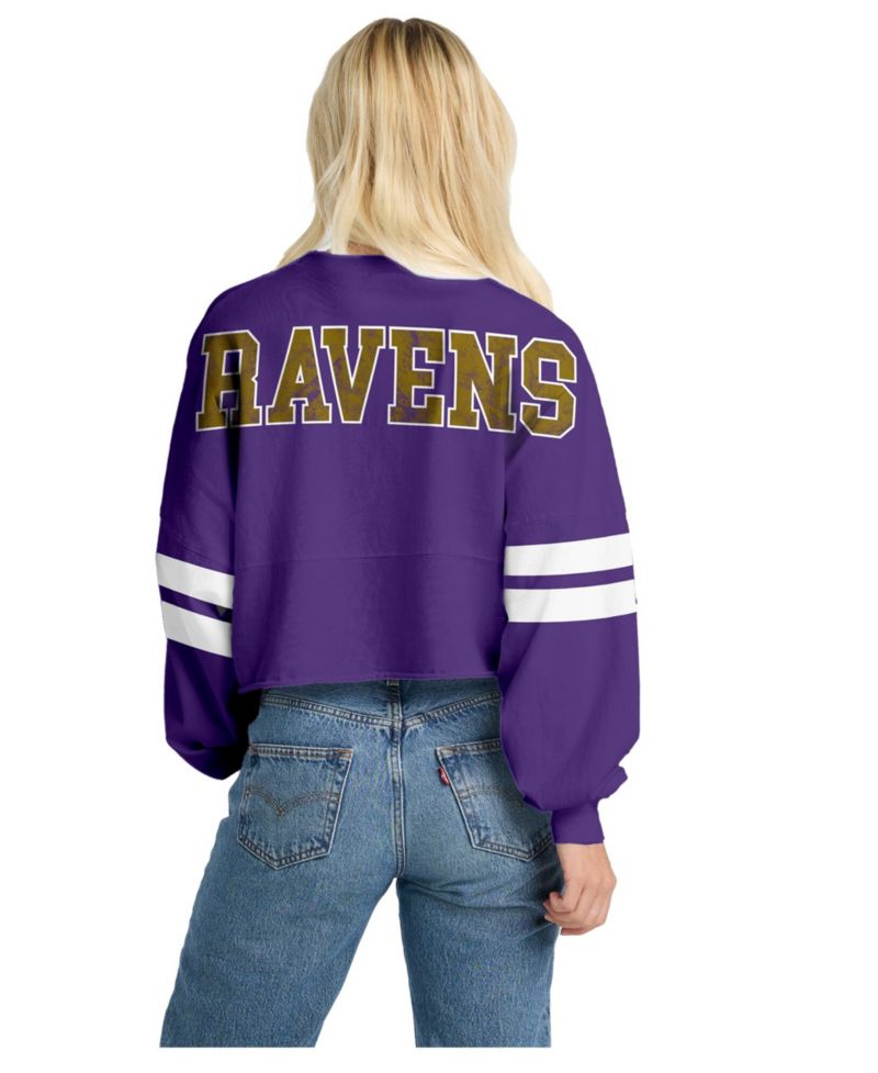 Women's Purple Baltimore Ravens Oversized Cropped Stripe Long Sleeve T-Shirt