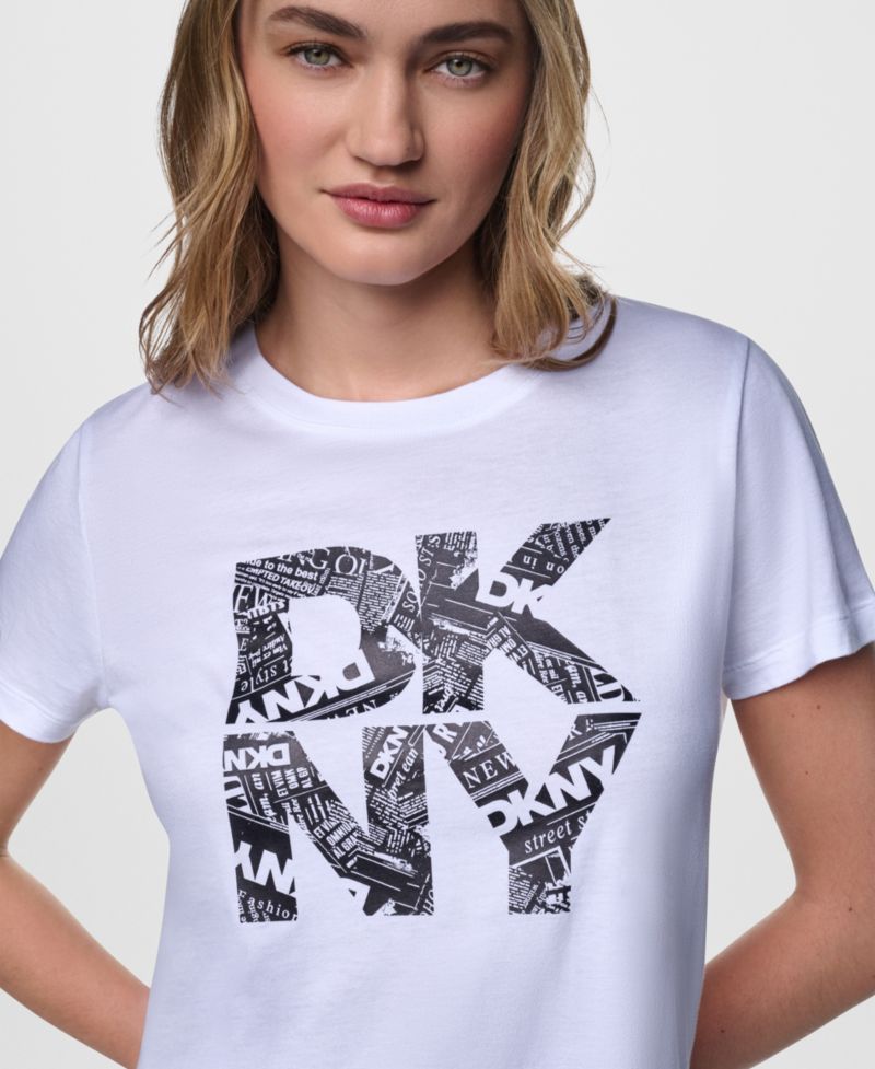Women's Short-Sleeve Newsprint DKNY Stacked Logo Crewneck T-Shirt