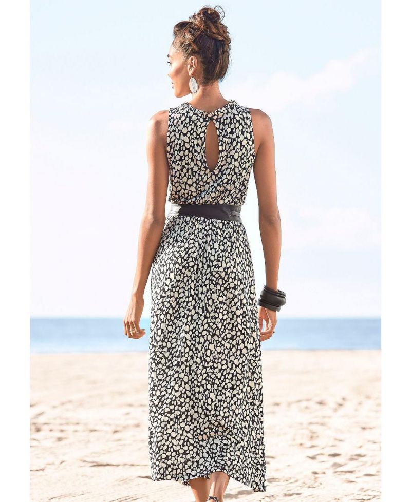 Women's Viscose Printed High Neck Ruffle-Trim A-Line Maxi Dress