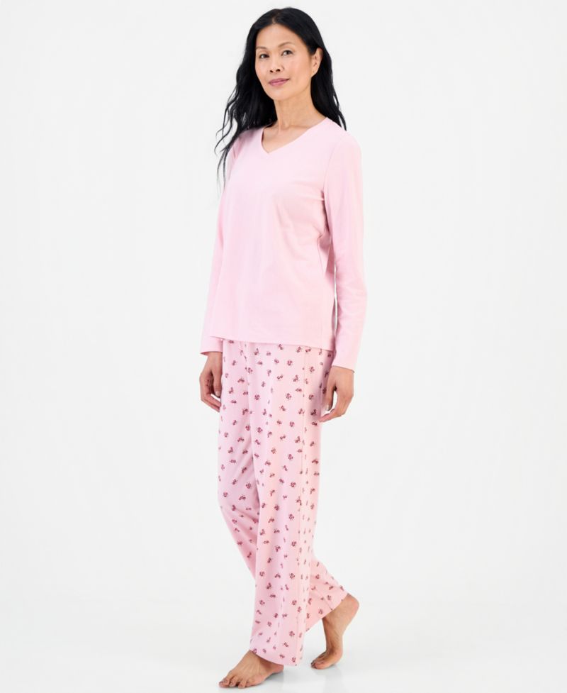 Women's Cotton-Blend Long Sleeve V-Neck Pajama Pant Set