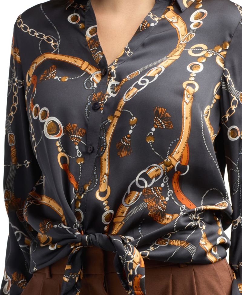 Juniors' Collared Printed Satin Top