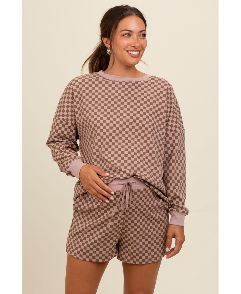 Women's Mocha Checkered Plaid Pullover Shorts Set