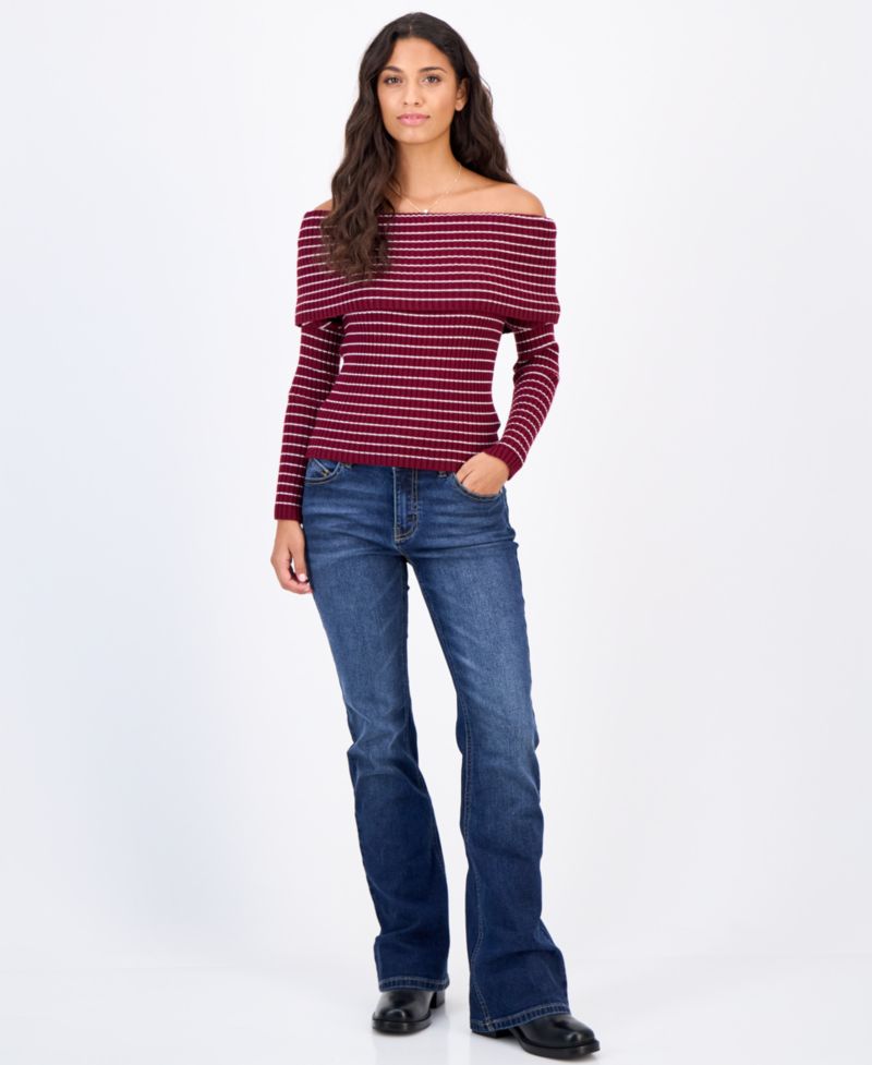 Juniors' Marilyn Off-the-Shoulder Ribbed Long-Sleeve Sweater