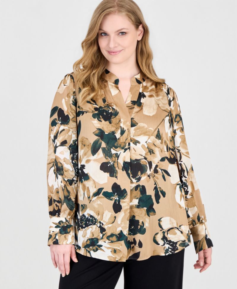 Plus Size Long-Sleeve V-Neck Floral-Print Blouse