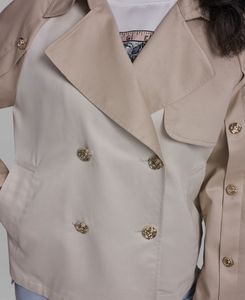 Women's Crop Trench Button-Sleeve Quilted Back Jacket