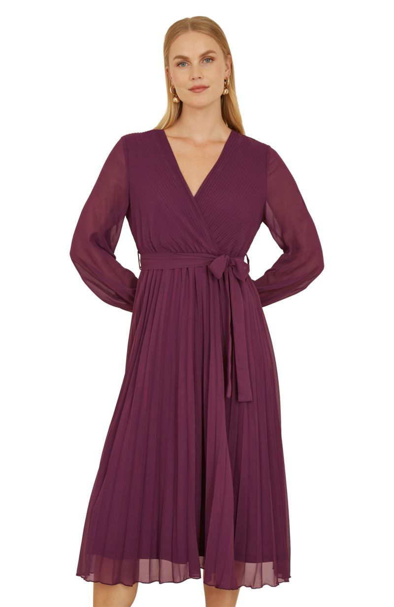 Women's Long Sleeved Pleated Midi Wrap Dress