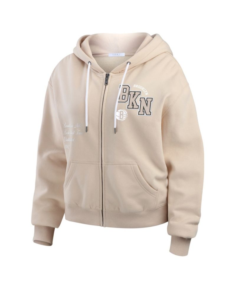 Women's Tan Brooklyn Nets Tonal Felt Patch Full-Zip Hoodie