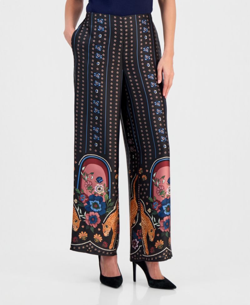 Women's Placed-Print Pull-On Wide-Leg Pants