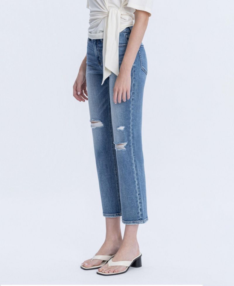 Women's High Rise Distressed Ankle Straight Jeans