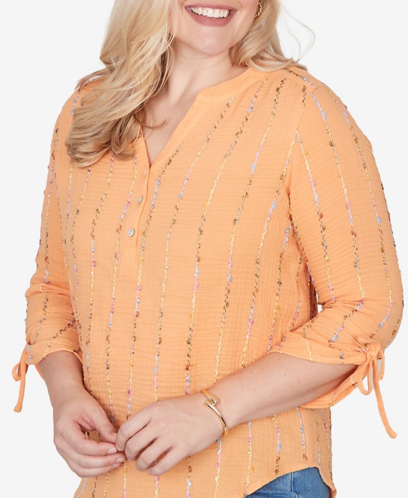 Women's Beachcomber Eyelash Gauze Textured Tie-Sleeve Henley Top