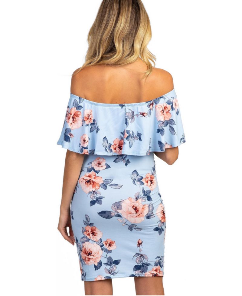 Women's Light Blue Rose Print Ruffle Fitted Dress