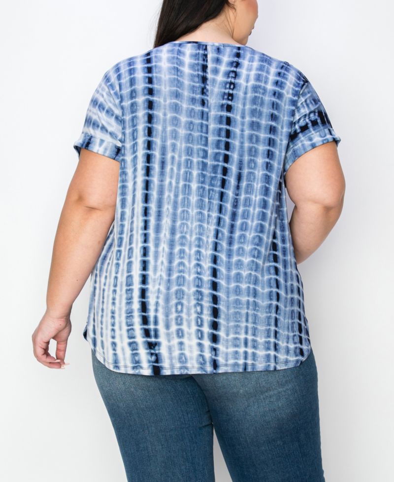 Plus Tie Dye Zip Front Roll Short Sleeve Top