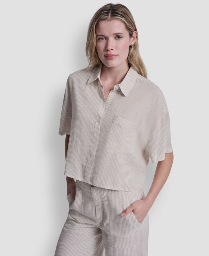 Petite Oversized Linen-Blend Cropped Short Sleeve Shirt
