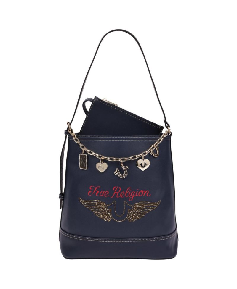 Chain Moto PU Bucket Bag with Charm Chain and Removable Zip Pouch