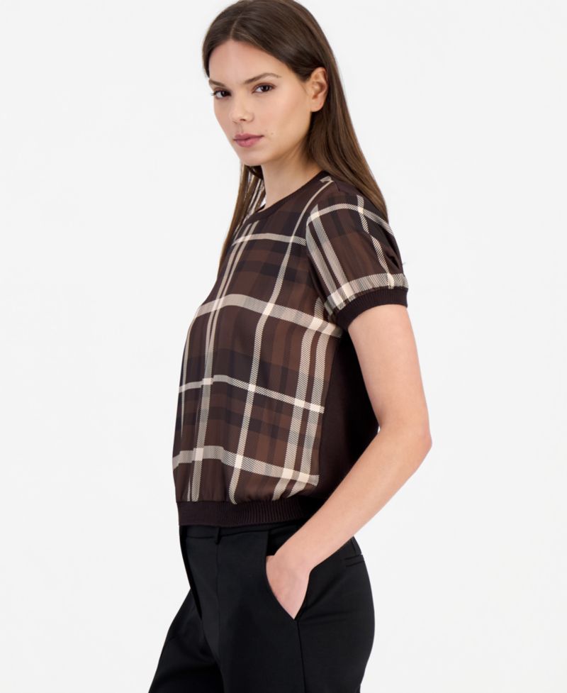Petite Plaid Lightweight Crewneck Pullover Sweater