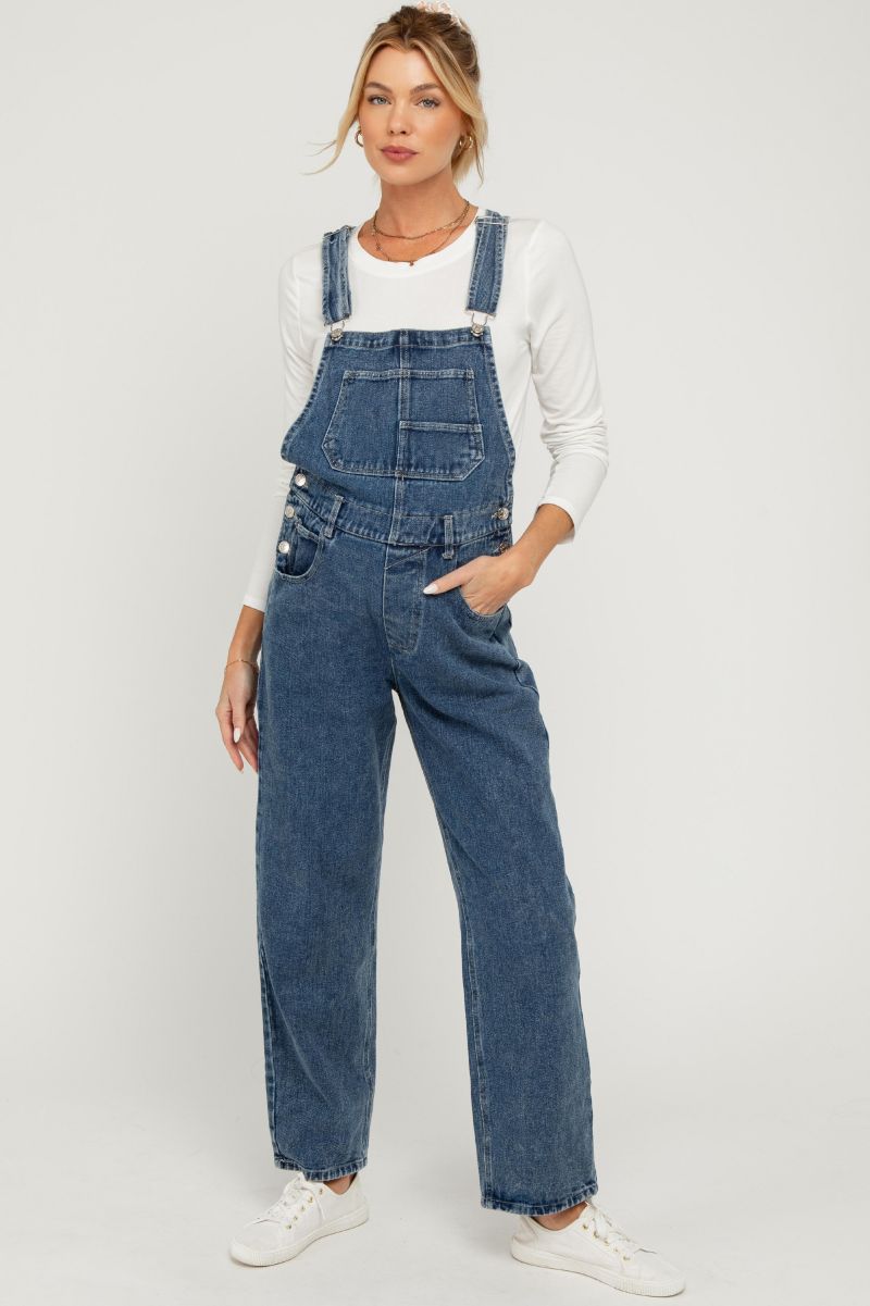 Women's Blue Wash Rolled Cuff Denim Overalls