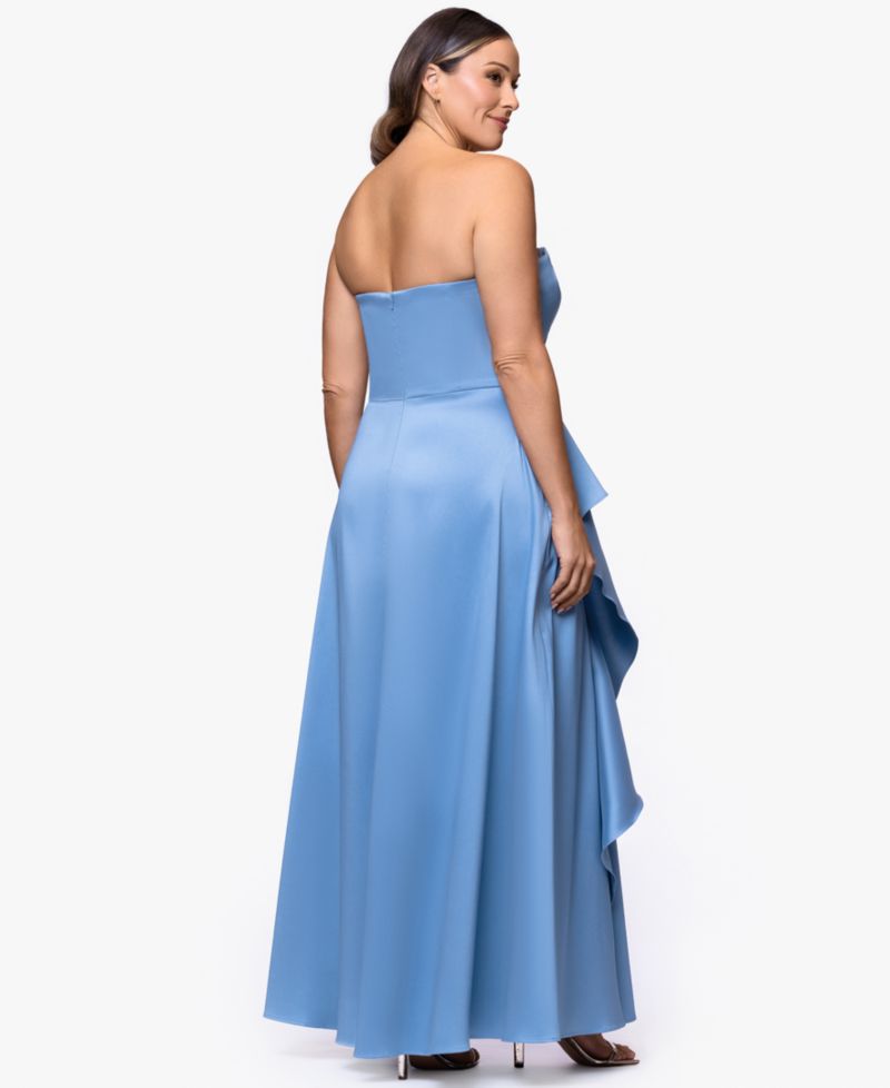 petite Strapless Side Ruffle Satin Ball Gown