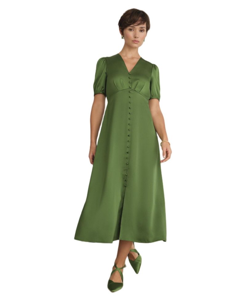 Women's Button Front Puff Sleeve Midi Dress