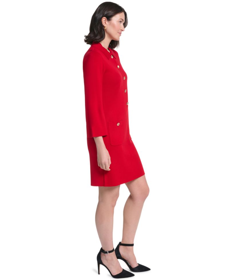 Petite Collared Button-Front Long-Sleeve Midi Dress