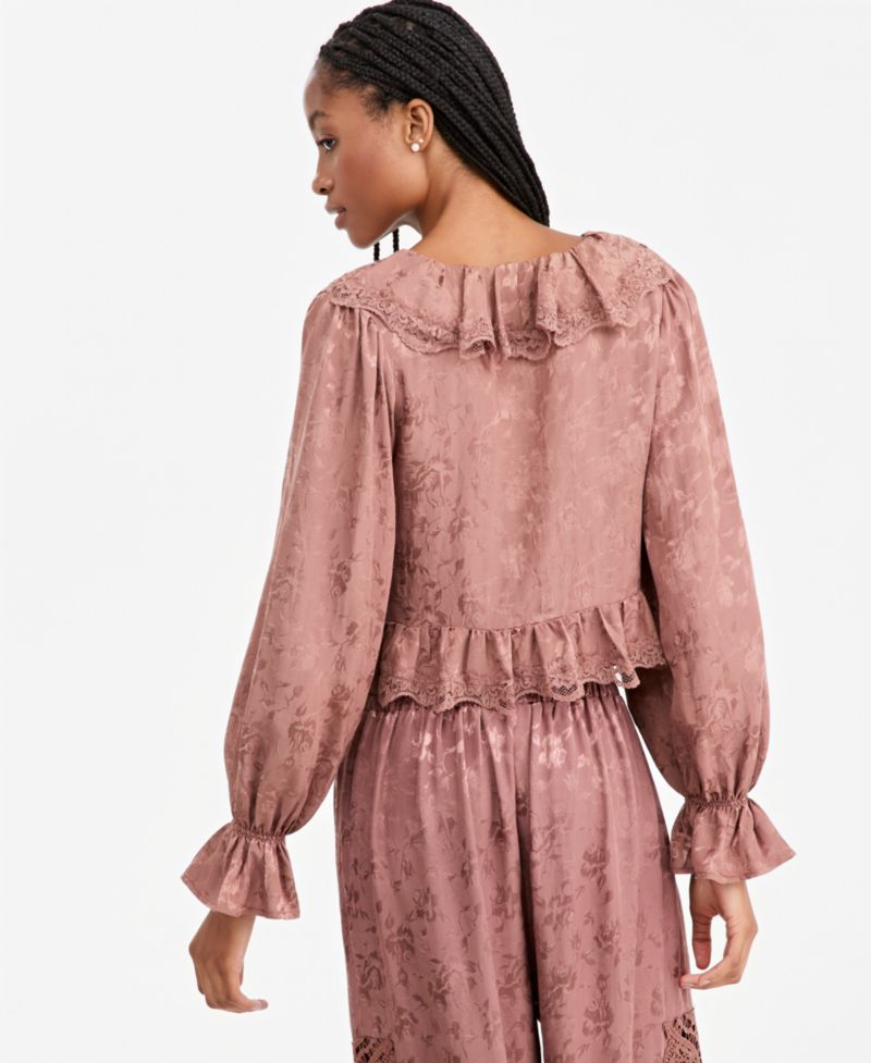 Petite Balloon-Sleeve Ruffle-Jacquard Blouse