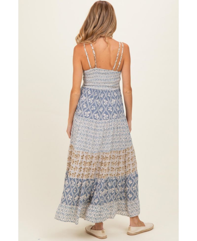 Women's Vintage Blue Mixed Floral Lace Trim Maxi Dress