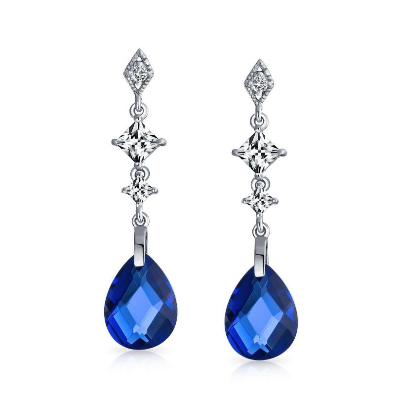 Briolette Faceted Blue CZ Teardrop Chandelier Earrings .925 Sterling Silver