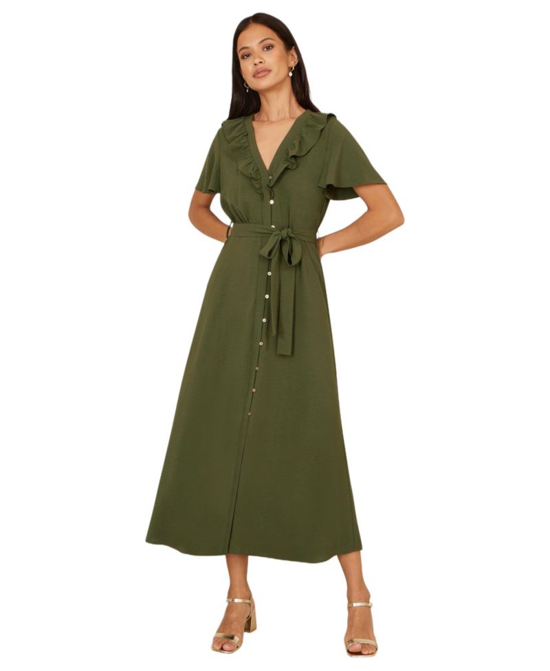 Women's Ruffle Collar Midi Shirt Dress