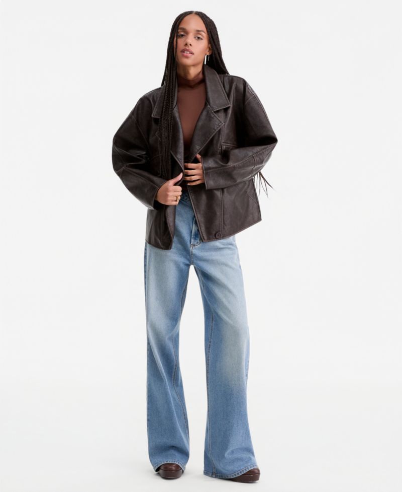 Women's Asymmetric-Button-Front Faux-Leather Coat