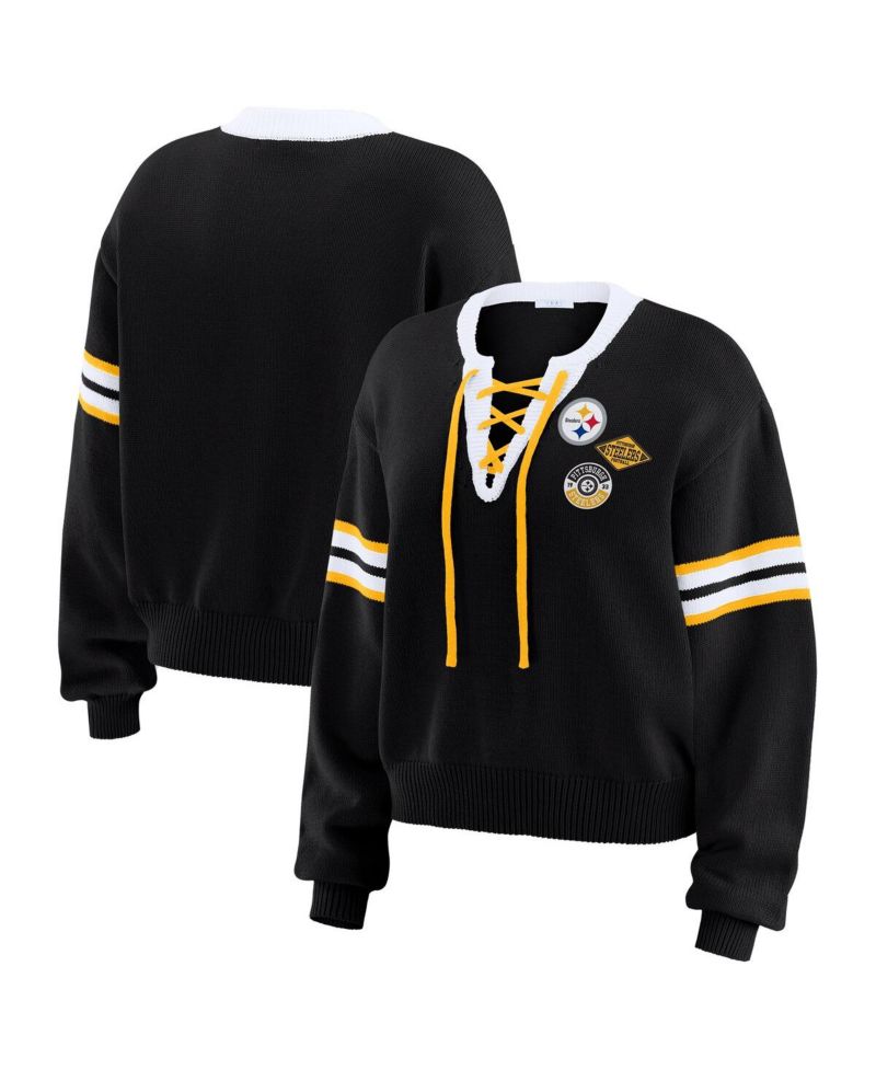 Women's Black Pittsburgh Steelers Lace-Up Pullover Sweatshirt