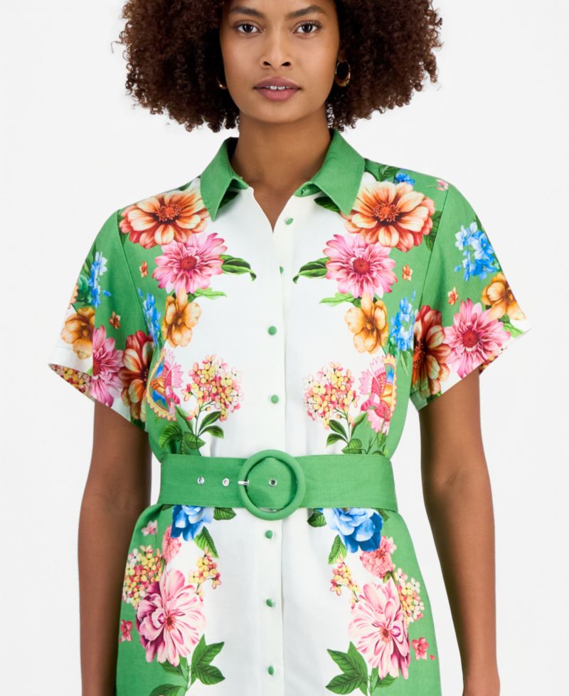 Women's Printed Belted Button-Front Midi Dress