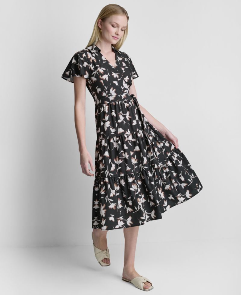 Women's Flutter-Sleeve Tiered Printed Midi Dress